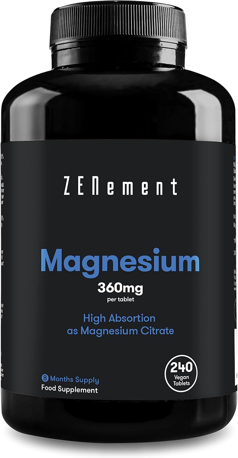 Magnesium, 360 mg, van Magnesiumcitraat | 240 Tablets, Hohe Absorption | Ondersteunt het geestelijke, zenuw-, spier- en skeletstelsel | Veganistisch | Zenement