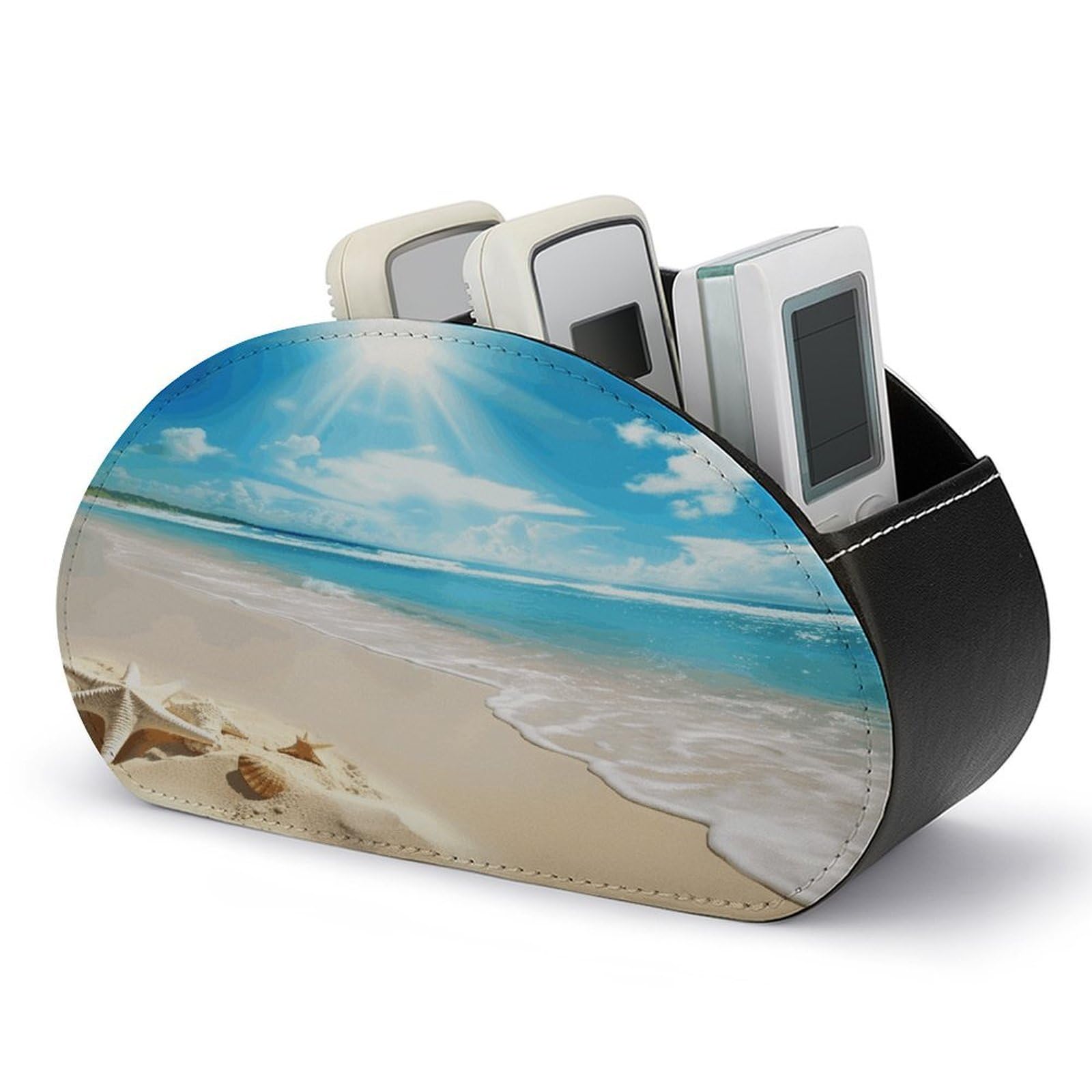 FekiLoot Bright Sunshine Summer Beach Remote Control Holder, PU Leather Remote Control Organizer Box Stationery Remote Control Box Desk Storage Organizer for DVDs,Glasses,Pens,Media Players