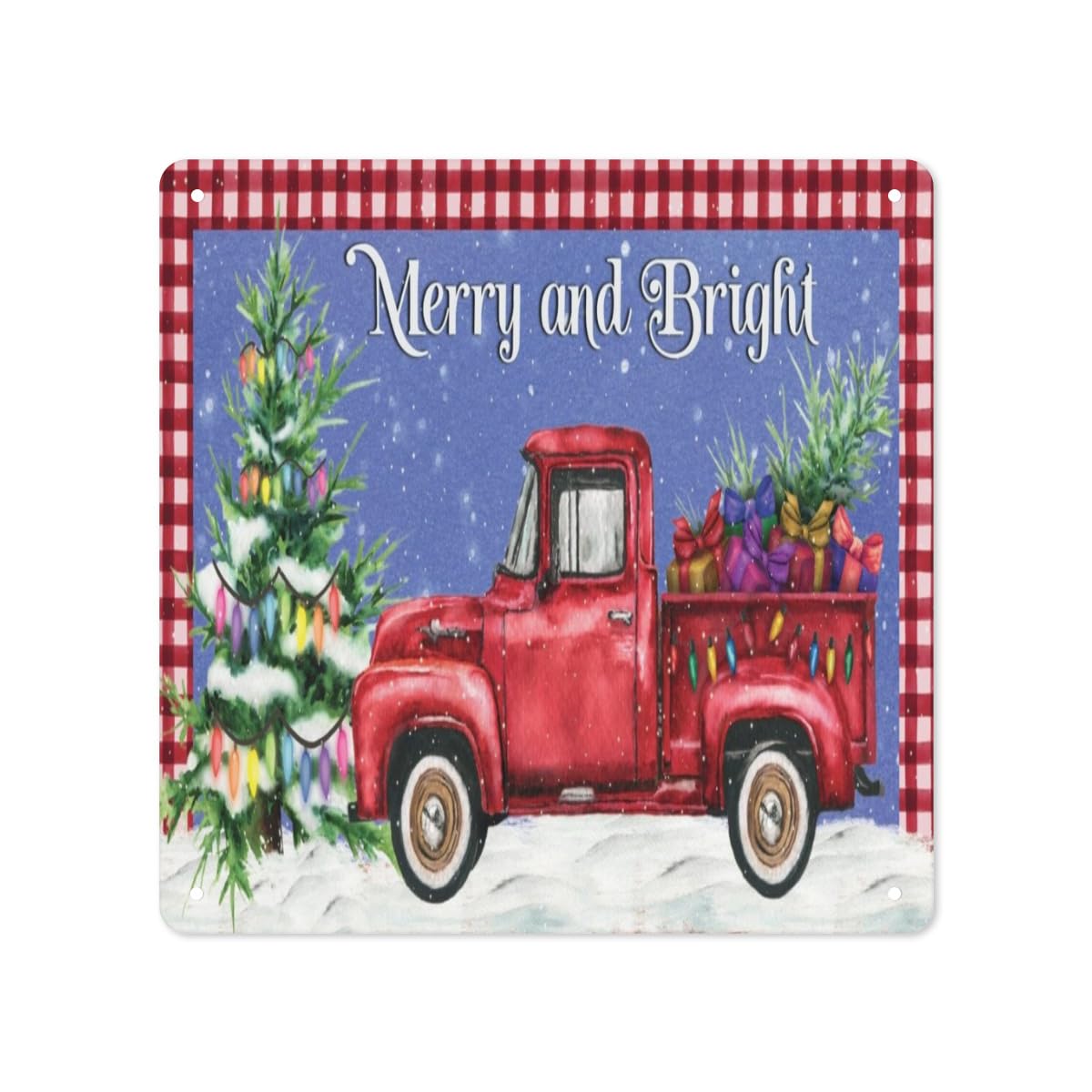 rayprint Christmas Red Truck Merry And Bright Vintage Merry Christmas Metal Tin Sign Home Bar Cafe Garage Wall Decor 12 x 12 Inch