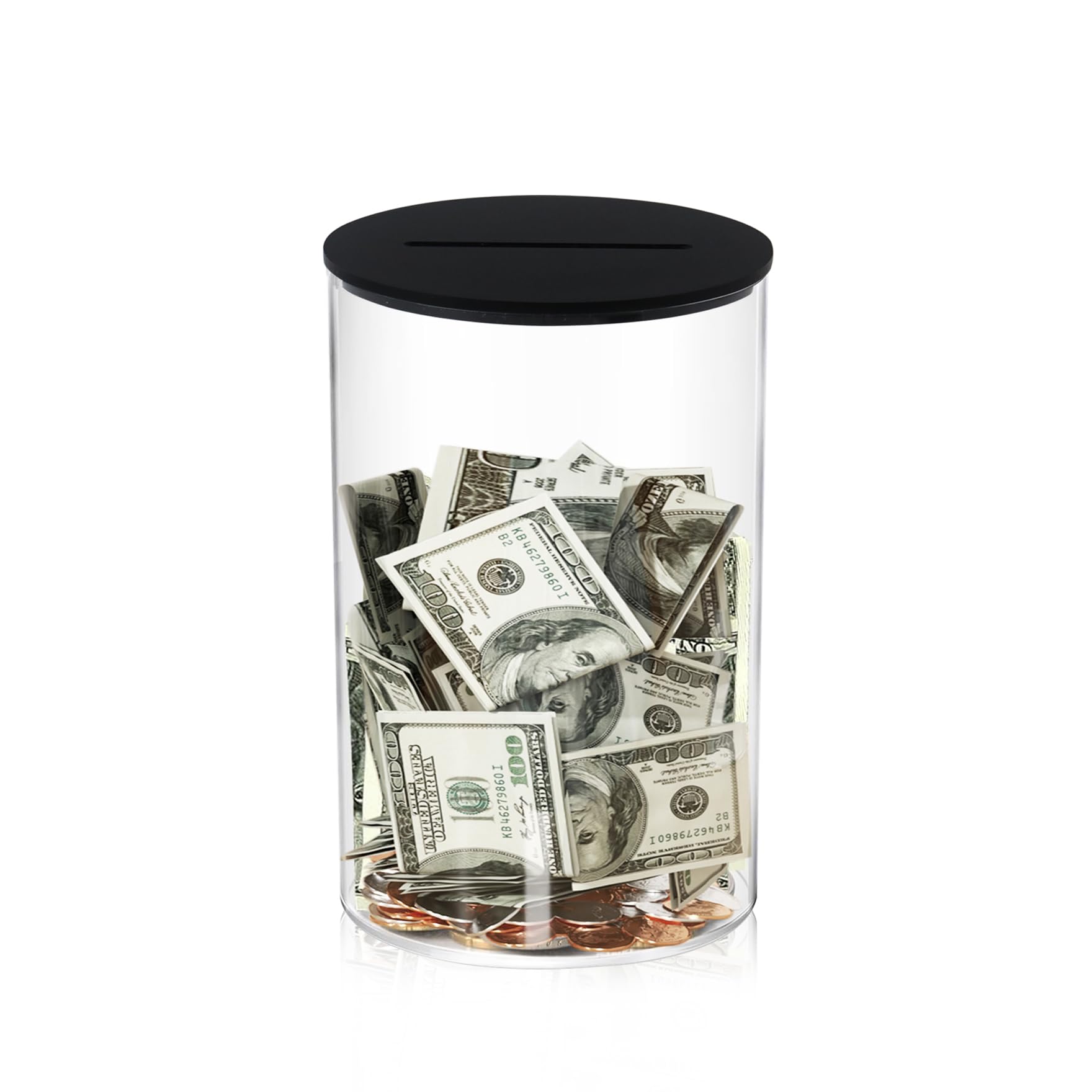 Klmnop Acrylic Piggy Bank, Openable Piggy Bank for Kids with Black Lid, Repeatable Money Saving Jar, Clear Money Jar for Cash Saving(Black 2.8"×4.5")