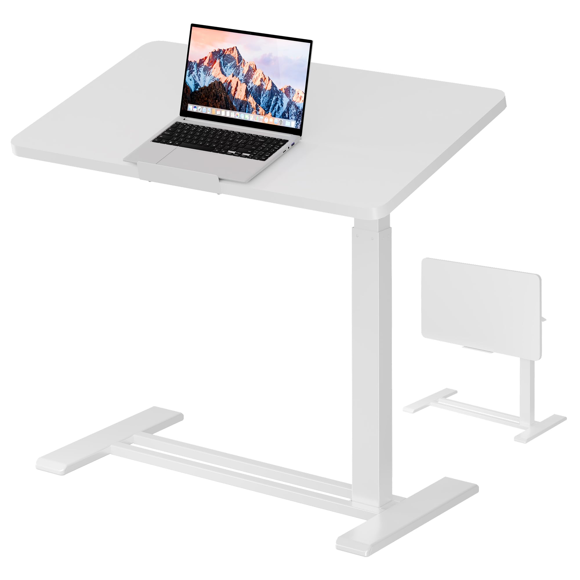 SANODESK Medical Adjustable Overbed Bedside Table with Casters 90° Tilt Top Pneumatic Mobile Rolling Laptop Computer Standing Desk Cart with Tray,
