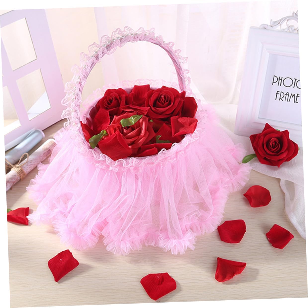 Pink Lace Flower Girl Basket Wedding Petal Scattering Basket Bridesmaid Flower for Romantic Ceremony Supplies