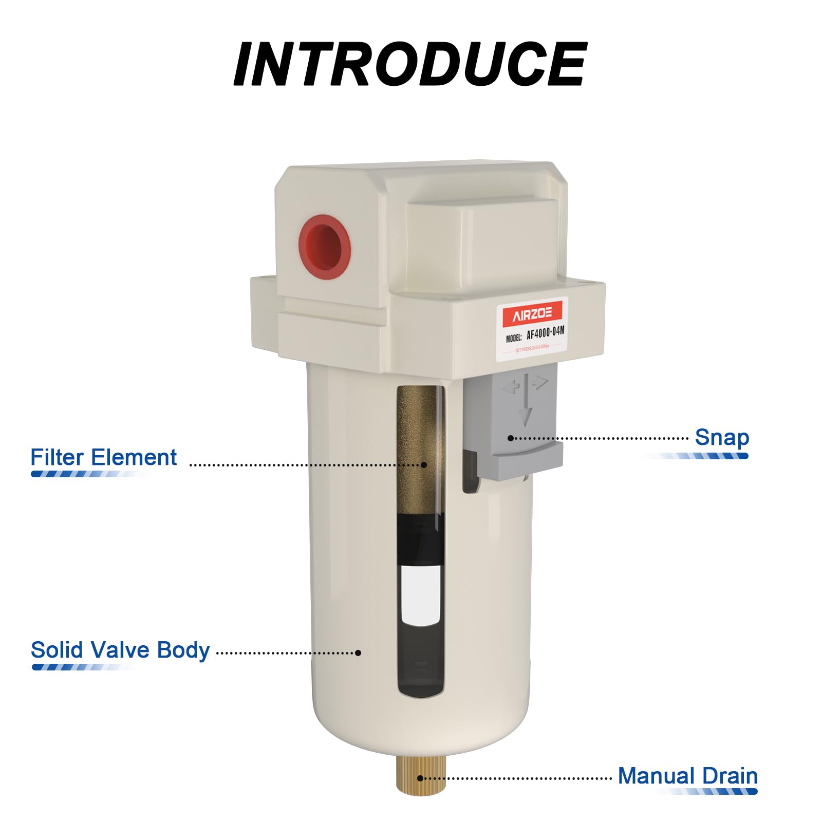 AIRZOE 1/2" NPT Compressed Air Filter, Semi-Auto Drain,0-150psi, AF4000-04 — Amazon image 3