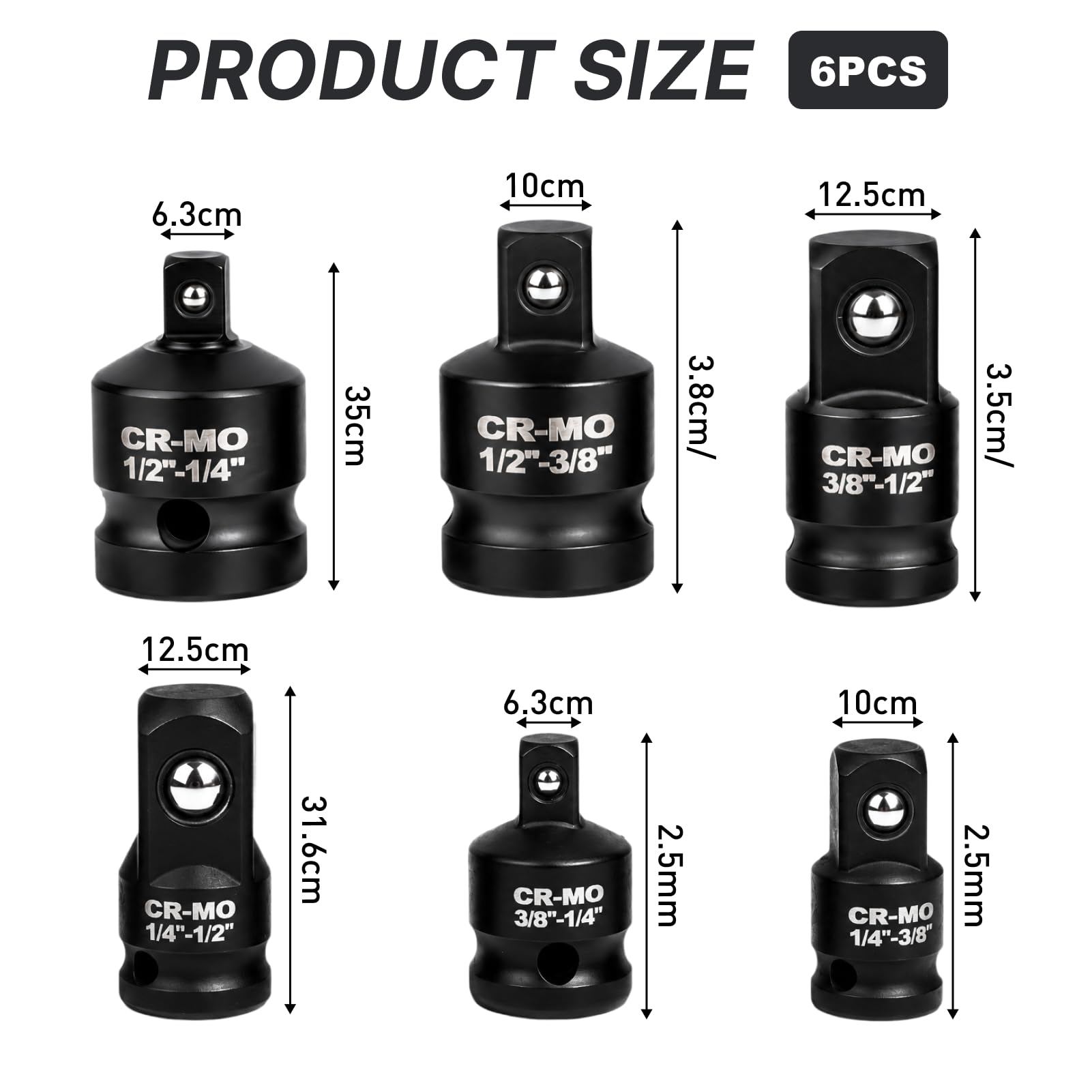 6 pezzi adattatore bussola, adattatore da 3/8 a 1/4, 1/2 a 3/8, 1/2 a 1/4, acciaio al cromo-molibdeno(CR-MO)(3/8 a 1/4, 1/2 a 3/8, 1/2 a 1/4)