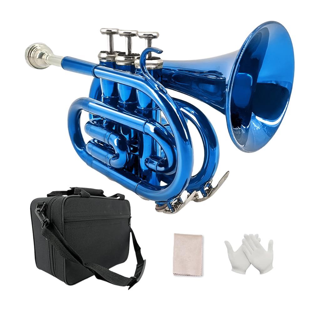 Trompette de poche musicale en si bémol standard pour trompette en cuivre laqué avec embouchure 7 C, étui rigide et embouchure (bleu)