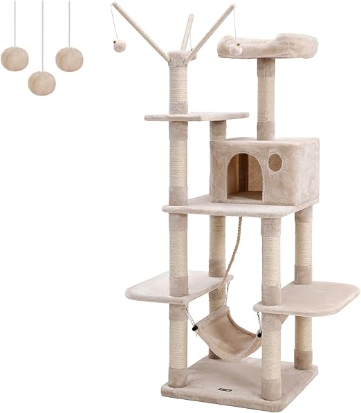 FEANDREA Cat Tree, Cat Condo with Hammock, Cat Tower with Perch, Beige