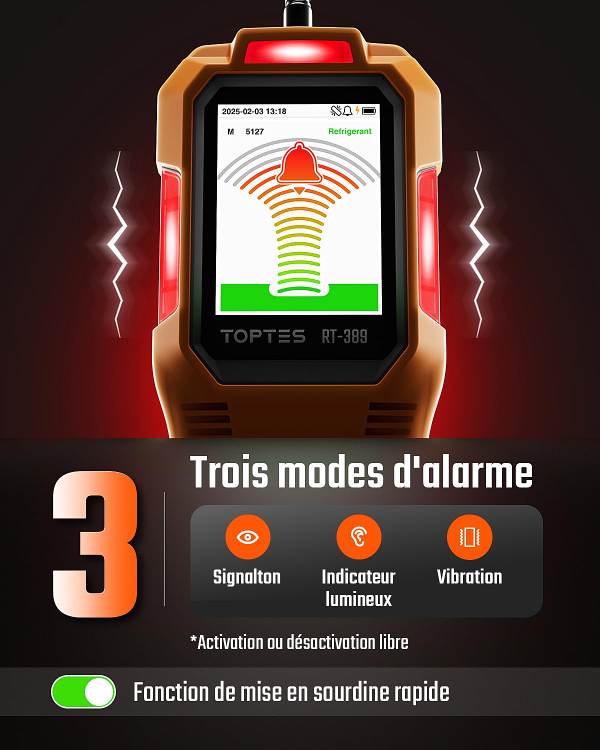 TOPTES RT-389 Détecteur de Fuite de réfrigérant Rechargeable, détecteur de Fuite de fréon avec 3 sensibilité et 3 Types d'alarme, pour CFC,HCFC,HFC,HFO,HC pour Automobile, Maison Industrie – Orange