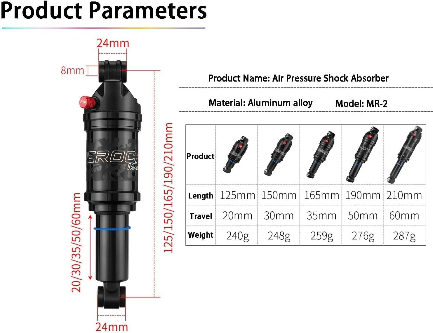 Amortiguador Trasero Aire para Bicicleta Montaña 125-210mm Suspensión Ajustable Aleación Aluminio Negro