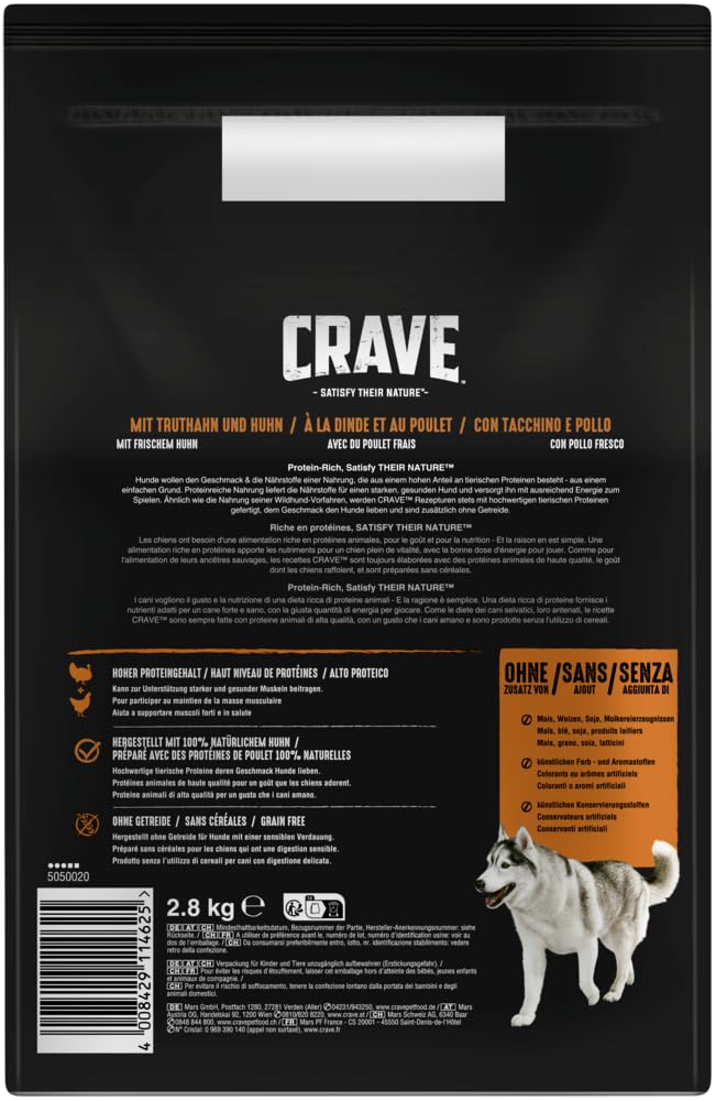 CRAVE Hund Beutel Hundefutter Trockenfutter - Verschiedene Größen und Geschmacksrichtungen (4X 2,8kg, Truthahn & Huhn)