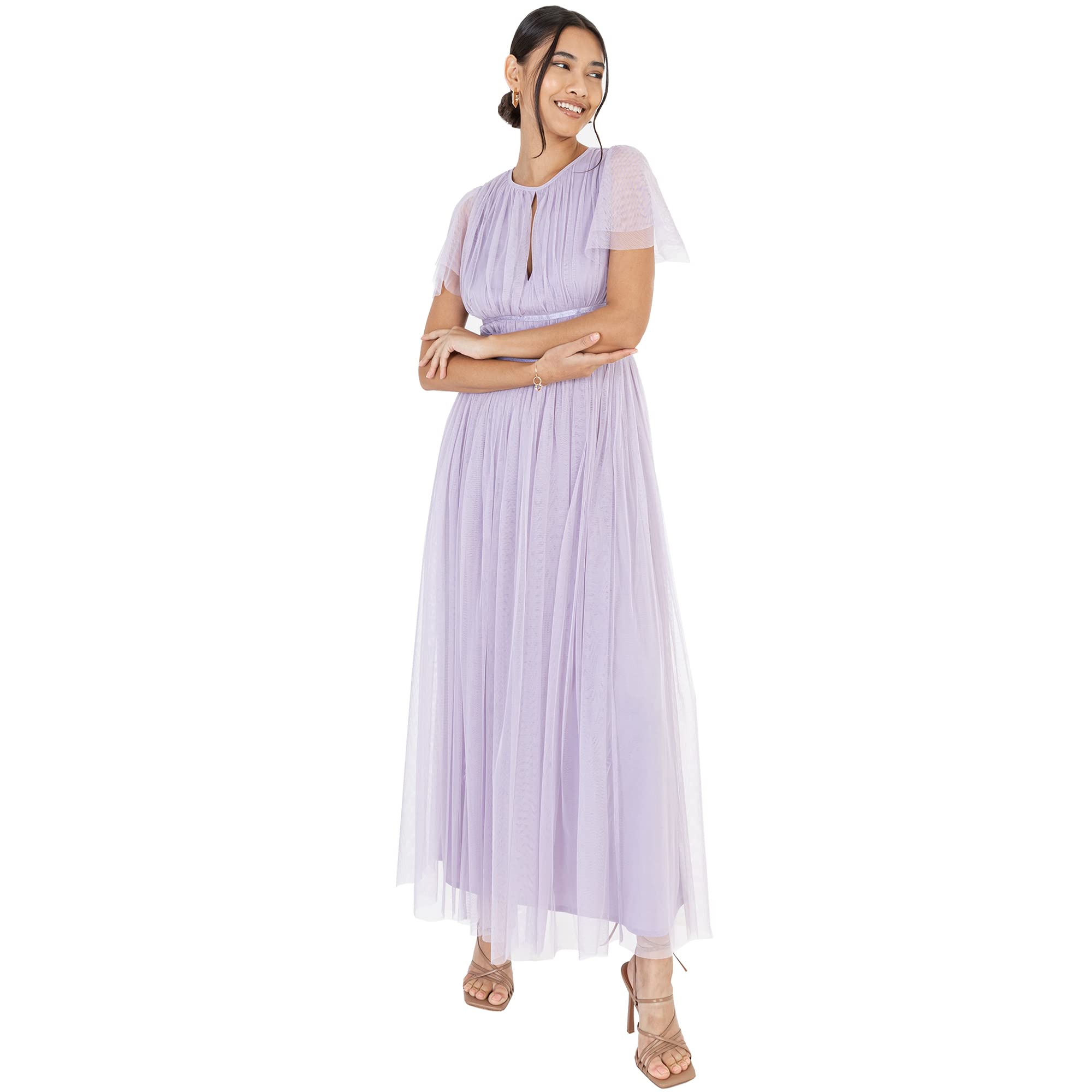 Anaya with Love Ladies Midaxi Dress for Women High Waist Keyhole Short Flutter Sleeve Crew Neckline for Wedding Guest Bridesmaids Prom Moody Lilac Size 14