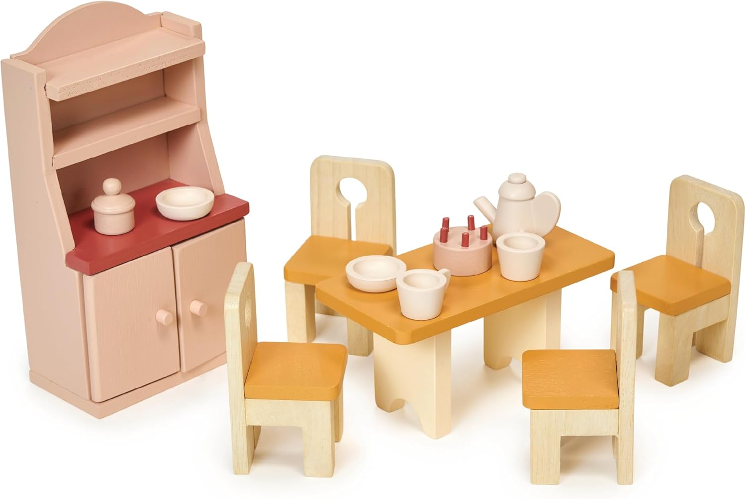 Mentari Toys - Dining Room - Wooden Dollhouse Furniture Set for Dollhouse Dining Room - Furniture Incl Table, 4 Charis, Sideboard and Other Accessories - Age 3+