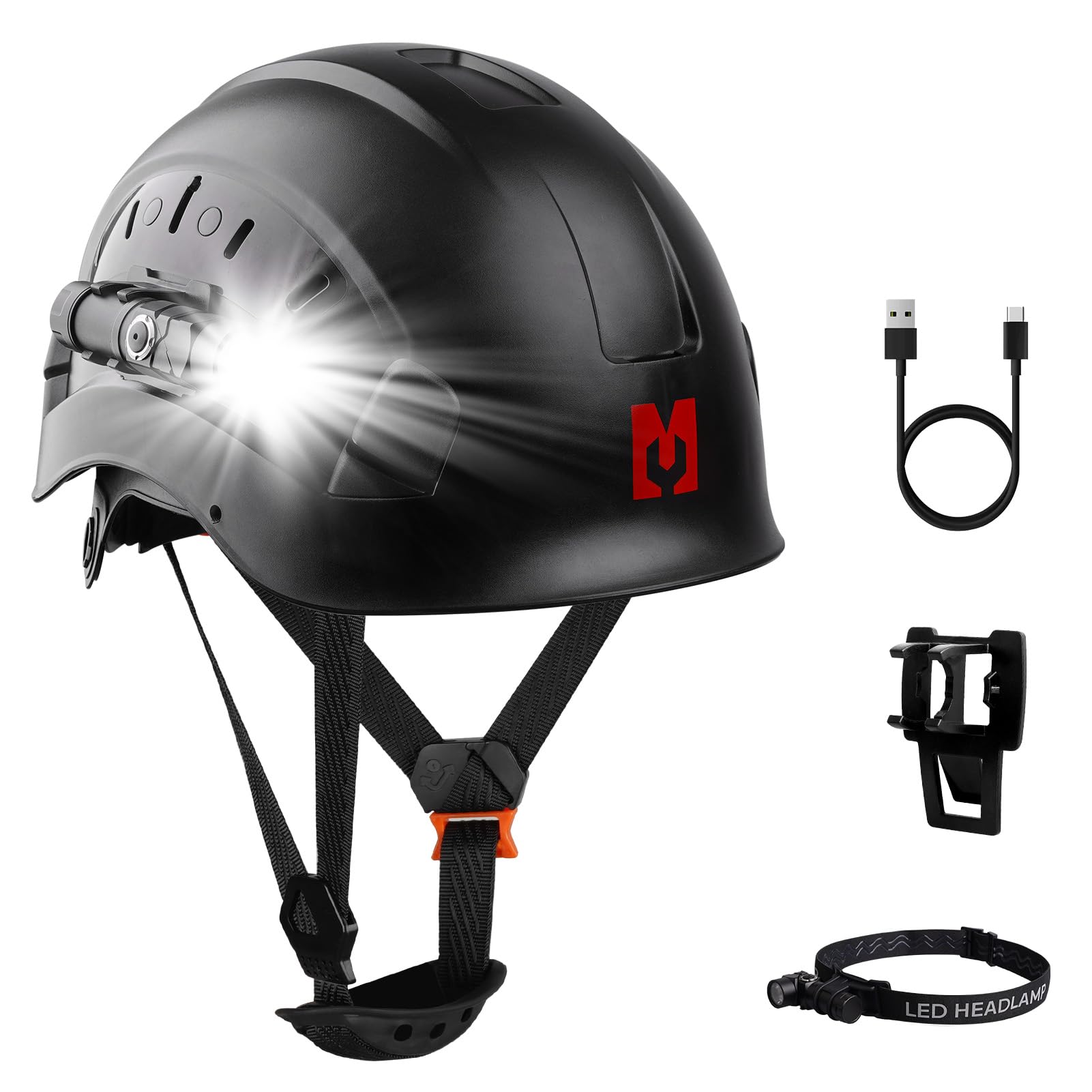 Mustbau Hard Hat with Head Torch, EN397 Certified Safety Helmet with LED Flashlight, Rechargeable USB-C Headlamp, Adjustable 53-63 cm, Hard Hats Helmet for Construction, Forestry & Industrial Work