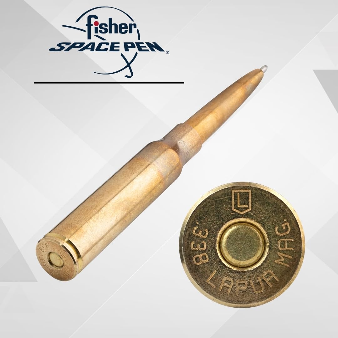Fisher Space Pen Bullet 338 Kugelschreiber (mit echter Jagd-Patronenhülse im Kaliber 338 als Kappe, schreibt unter extremen Bedingungen) Messing