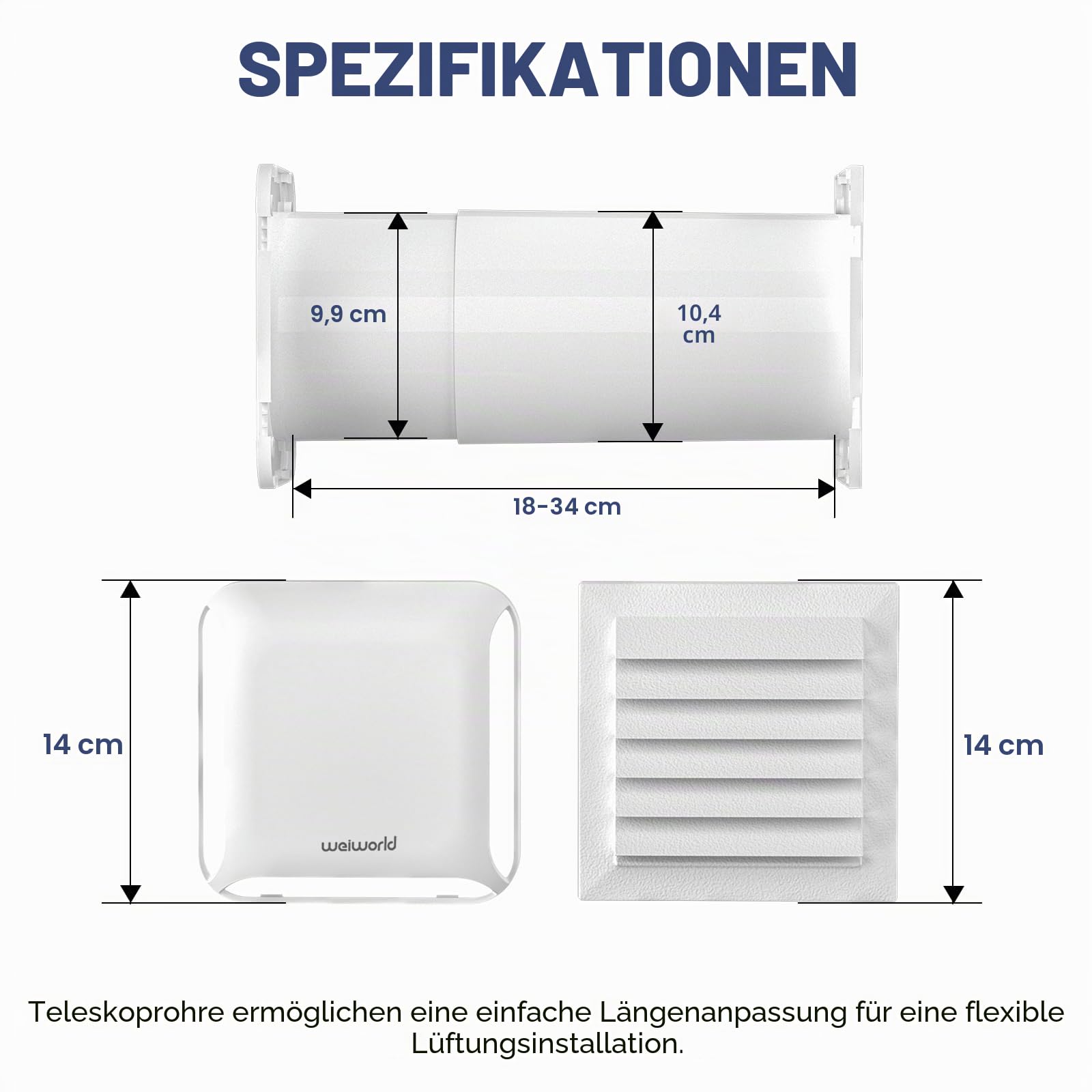 100 mm Lüftungsgitter eckig, passives Wandlüftungsset mit verstellbarer Luftmenge und ausziehbarem Rohr, ohne Motor, für Wohnung, Schlafzimmer & Dachboden