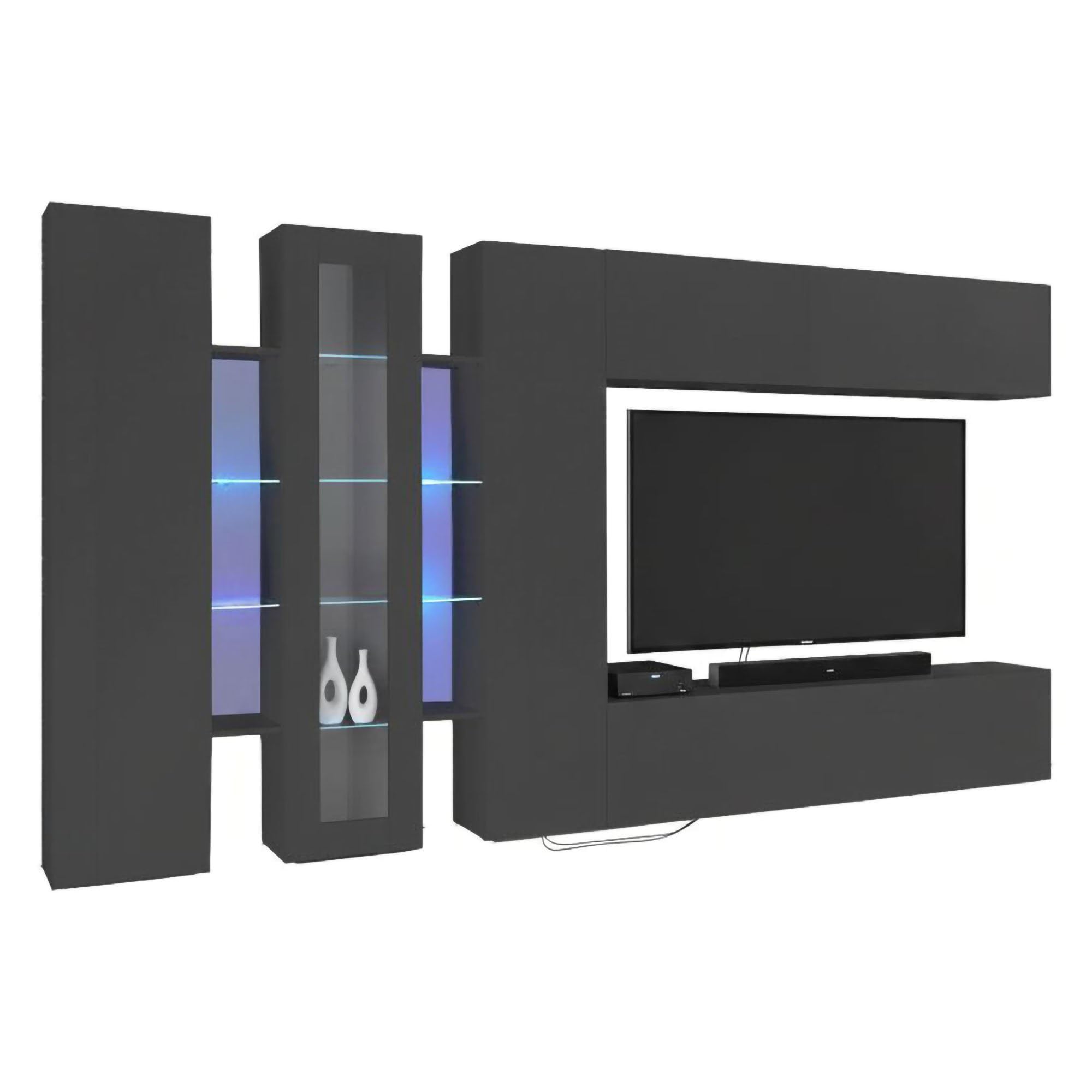 Dmora - Meuble Mural Ivano, Ensemble de Salon Meuble TV, Meuble de Salon avec vitrine et lumière LED, 100% Made in Italy, cm 320x30h180, Anthracite