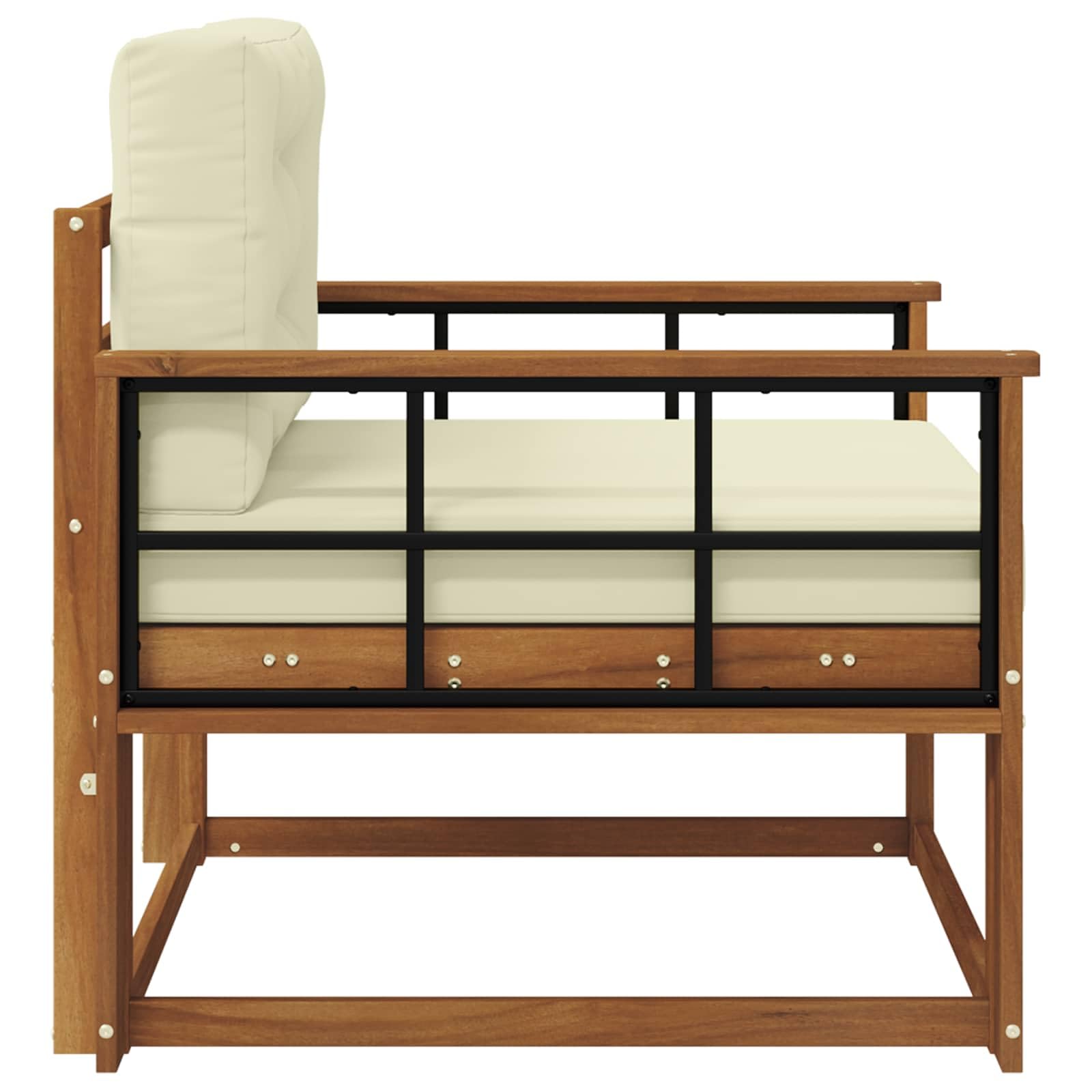 Sofa środkowa do użytku na zewnątrz, naturalna z litego drewna akacjowego, odporna na warunki atmosferyczne, modułowa sofa z podłokietnikami w kształcie kratki, poduszka do siedzenia i