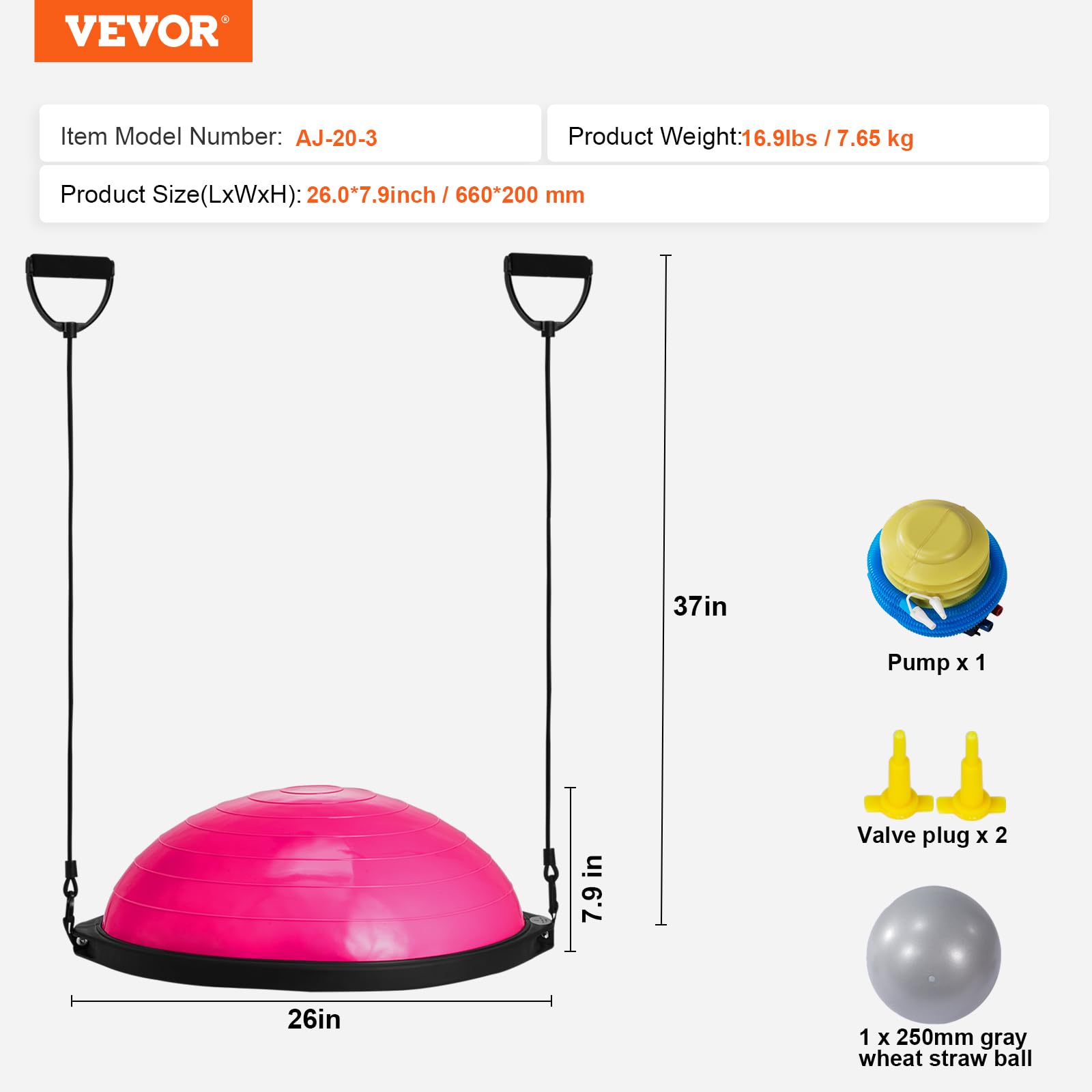 VEVOR Halb-Gymnastikball-Trainer, 66 cm Balance-Ball-Trainer, 680 kg Tragkraft Stabilitätsball, Yoga-Ball mit Widerstandsbändern & Fußpumpe, Yogaball Kraft-Fitnessball im Heim-Fitnessstudio, Rosa
