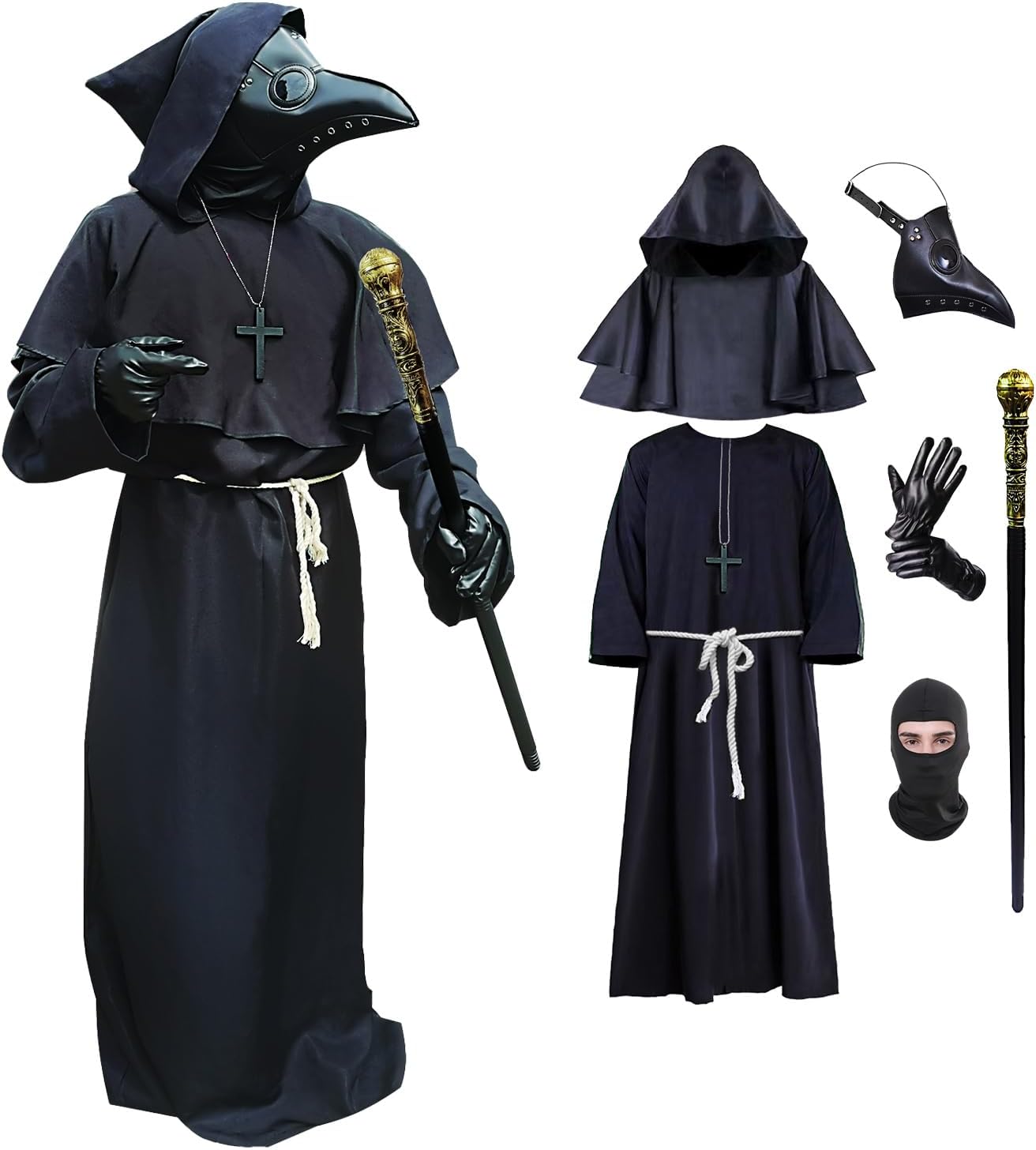 Medieval Plague Doctor Costume Mask Set,Black Hooded Halloween Cosplay Outfit for Adults Men Women,Teen