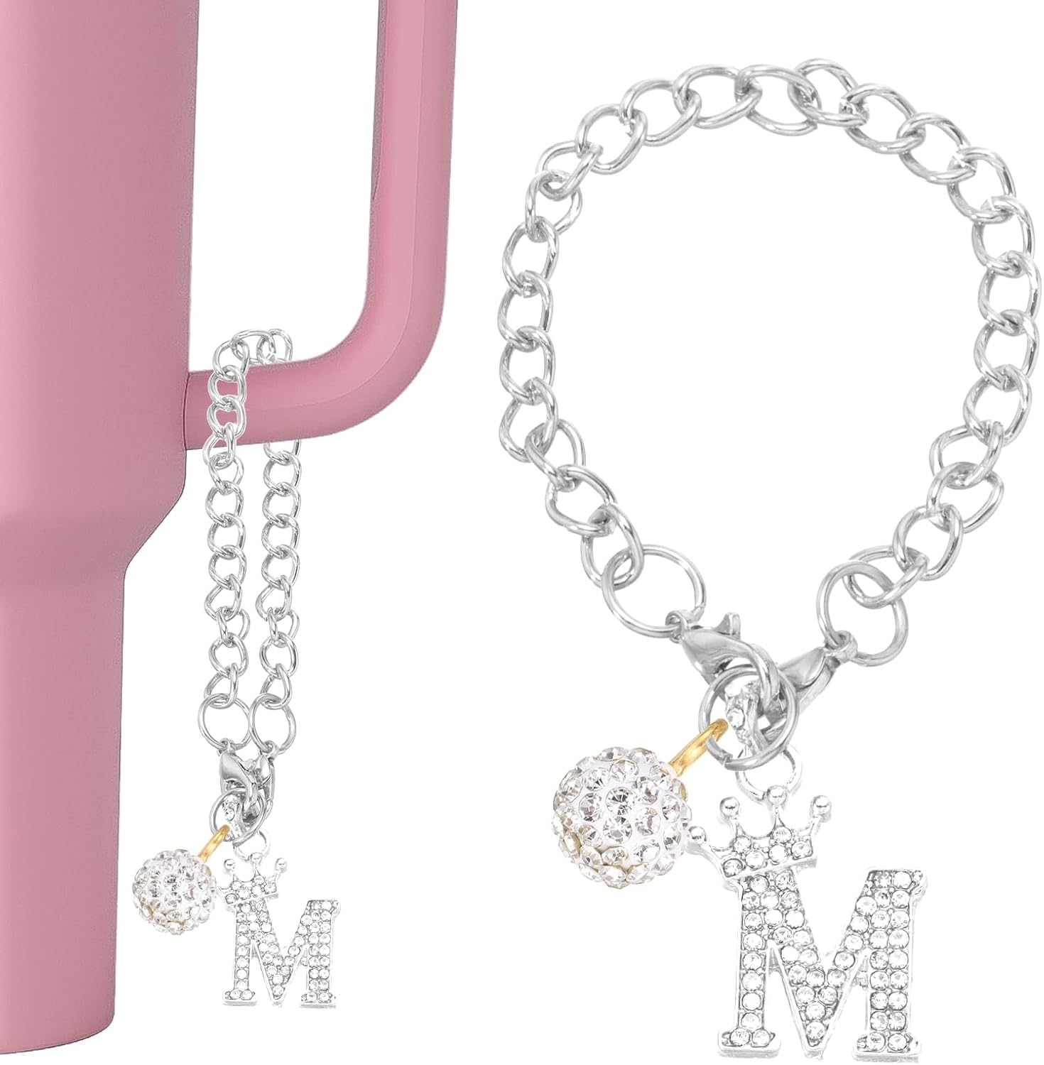 PATIKIL Initial Disco Ball Charm Keychain for Cup Holder, Bling Crown