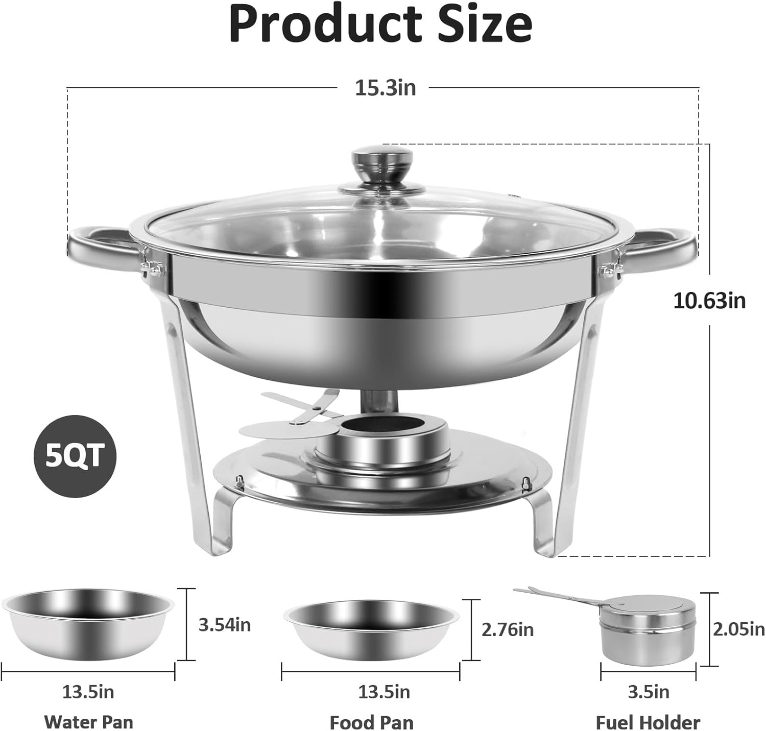Chafing Dish Full Set, Round 5QT Stainless Steel Catering Chafer with Glass Lid, Buffet Food Warmers for Parties Events Weddings, Silver, 4 Pack