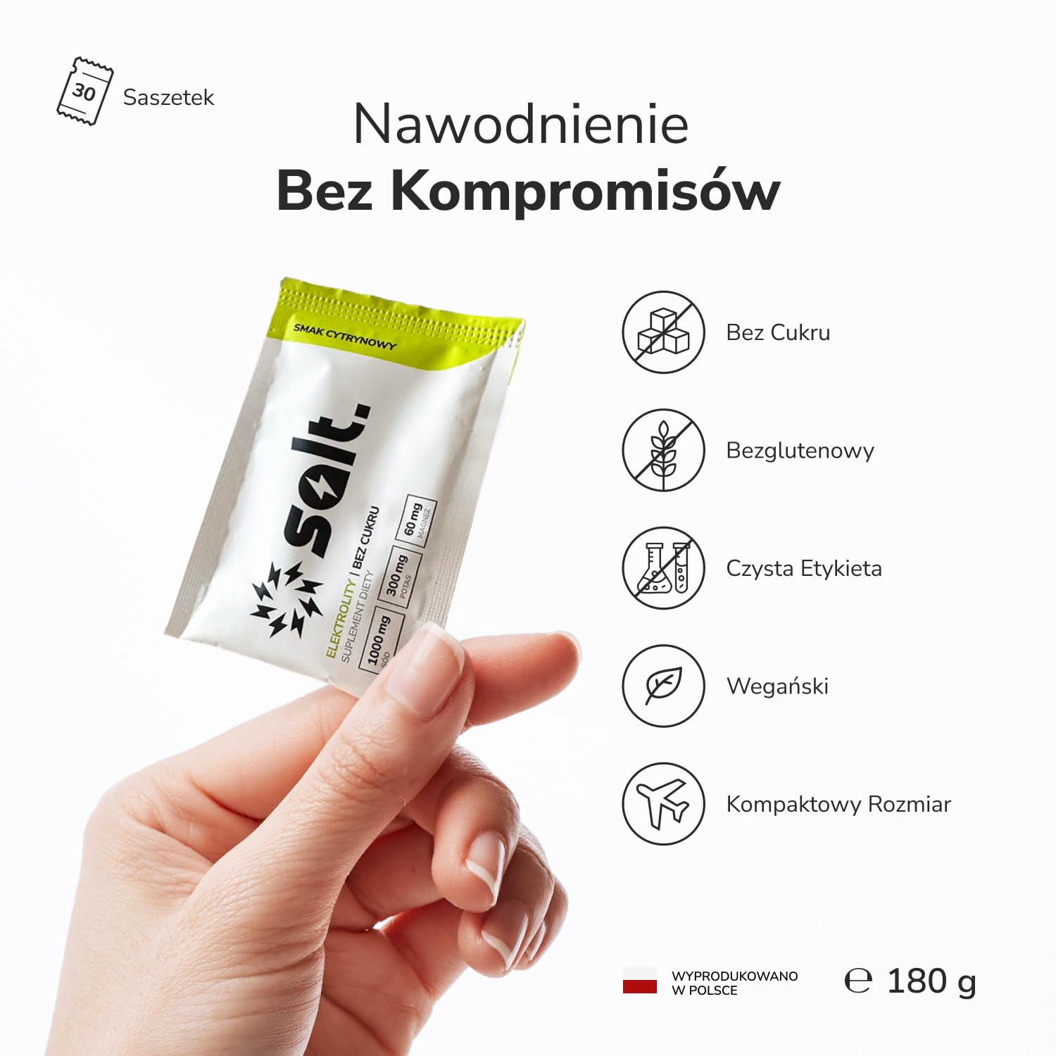 salt. Elektrolity Bez Cukru - 30 SZTUK - Sport, Keto, Vegan, Paleo - 1000 mg sodu, 300 mg potasu, 60 mg magnezu, Cytrynowe