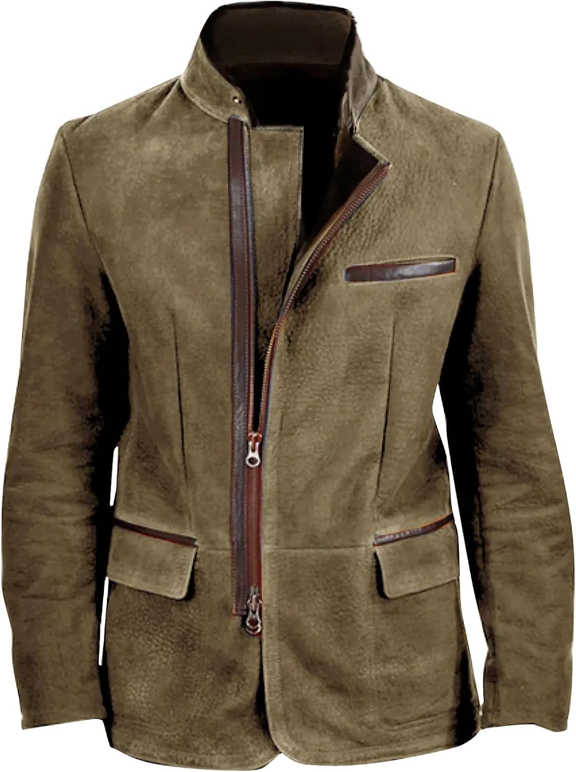 Suede Jacket For Men Coats Faux Leather Long Jackets Casual Zip Up Retro Tops, M-3XL