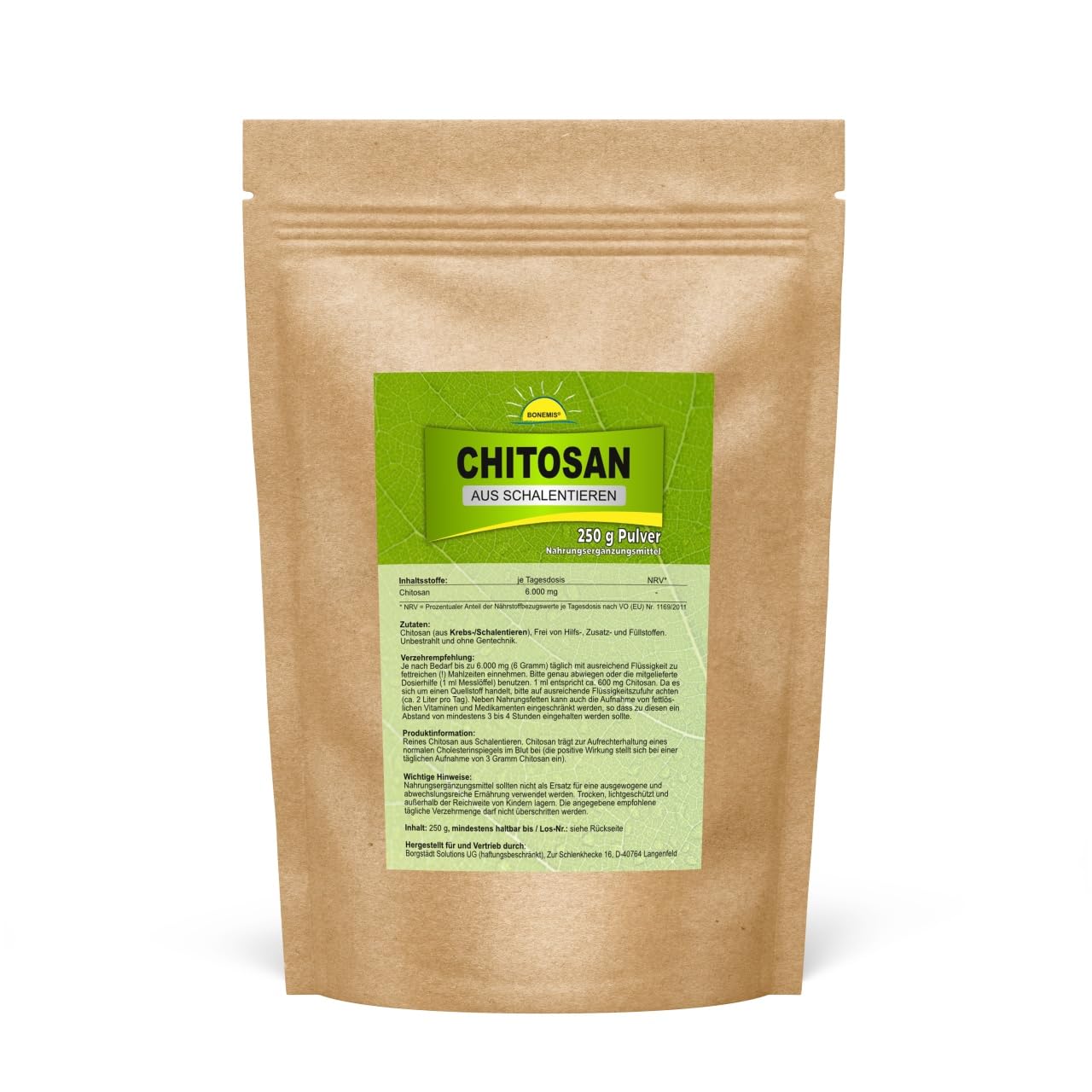 Chitosan (aus Schalentieren), Premiumqualität ohne Zusatzstoffe, 250 Gramm Beutel, Bonemis®