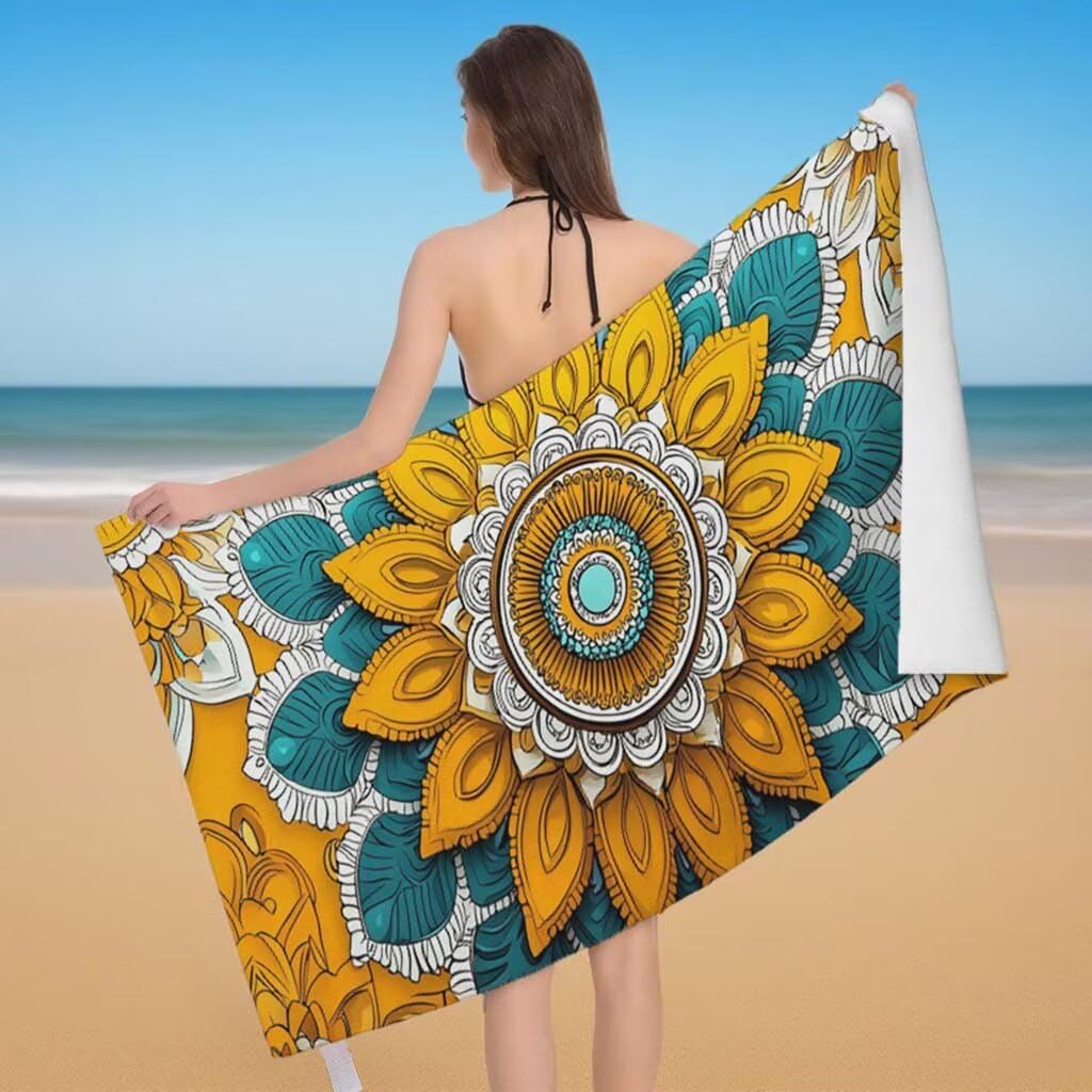 Toalla de Playa Grande 220x100cm/35x70cm, Juego de 2 Toalla Microfibra XXL de Antiarena, Toallas Playa Suave Ligera, Absorbente Secado Rápido, Beach Towel Viaje, Regalo Mujer Hombre (Mandala) J-55
