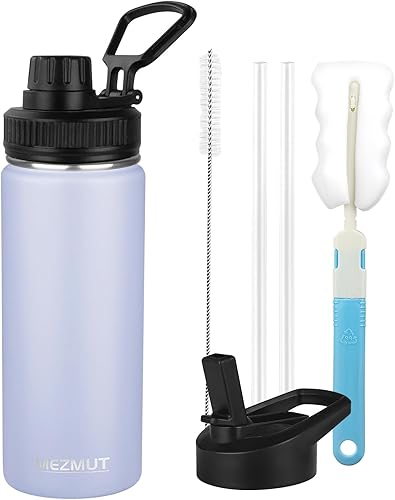 Miniatura 12 de MEZMUT Botella de agua aislada con popote y 2 tapas, botellas de agua de acero inoxidable de 40 onzas, botella de agua deportiva de metal, botellas