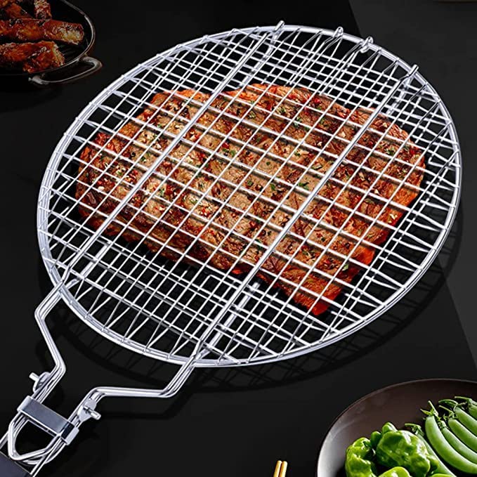 Panier De Barbecue Pliable Avec Poignée Longue - Acier Inoxydable, Pour Légumes, Viandes, Poissons, Saucisses - 7