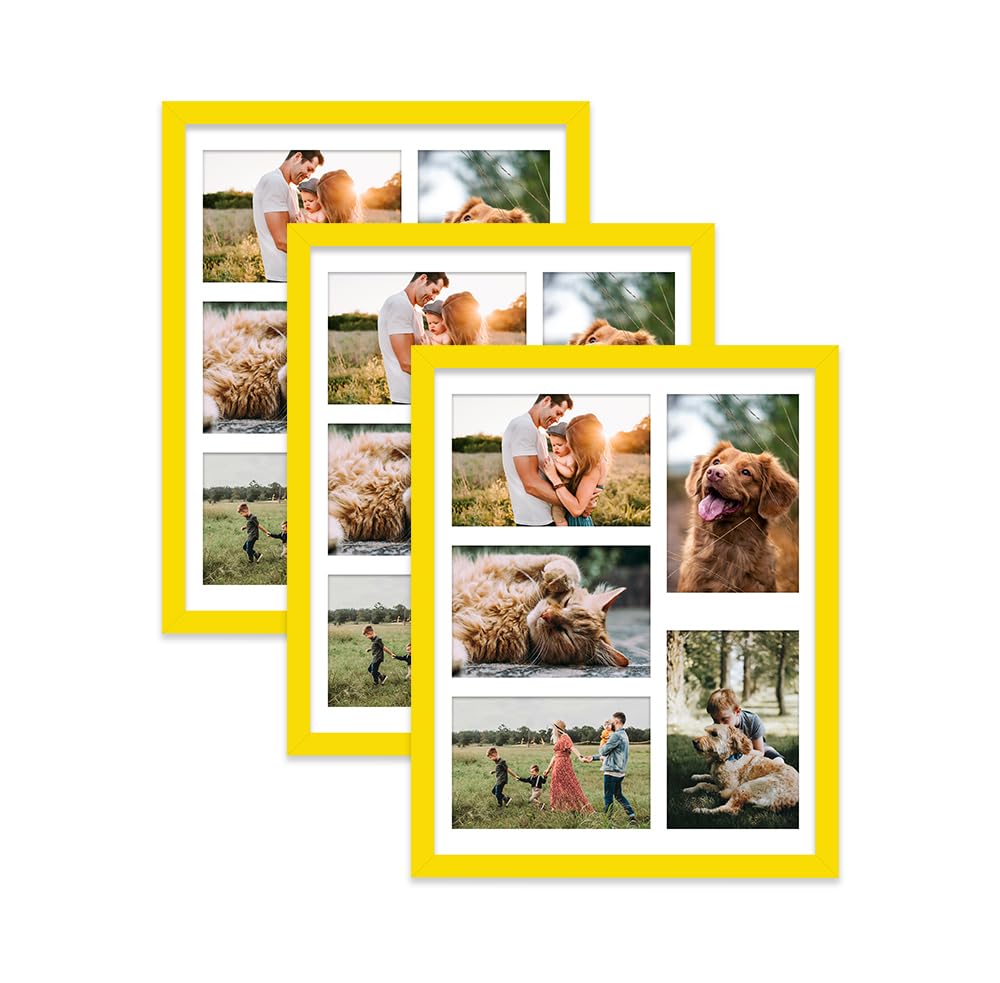 Yellow Multi Photo Frame - Holds 5 x 6x4 Pictures, Family Collage Picture Frame for Wall Display, 14x11 Frame size, Set of 3