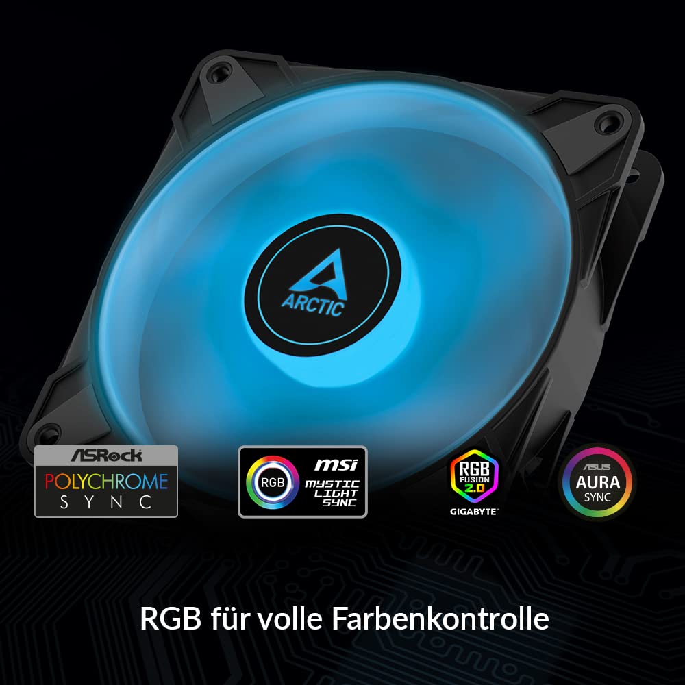 ARCTIC P12 PWM PST RGB (3 Stück, inkl. Controller) - PC Lüfter, 120 mm | PWM PST Gehäuselüfter optimiert für statischen Druck, Case Fan, Semi-Passiv: 200-2000 rpm, 12V 4 Pin RGB-LED