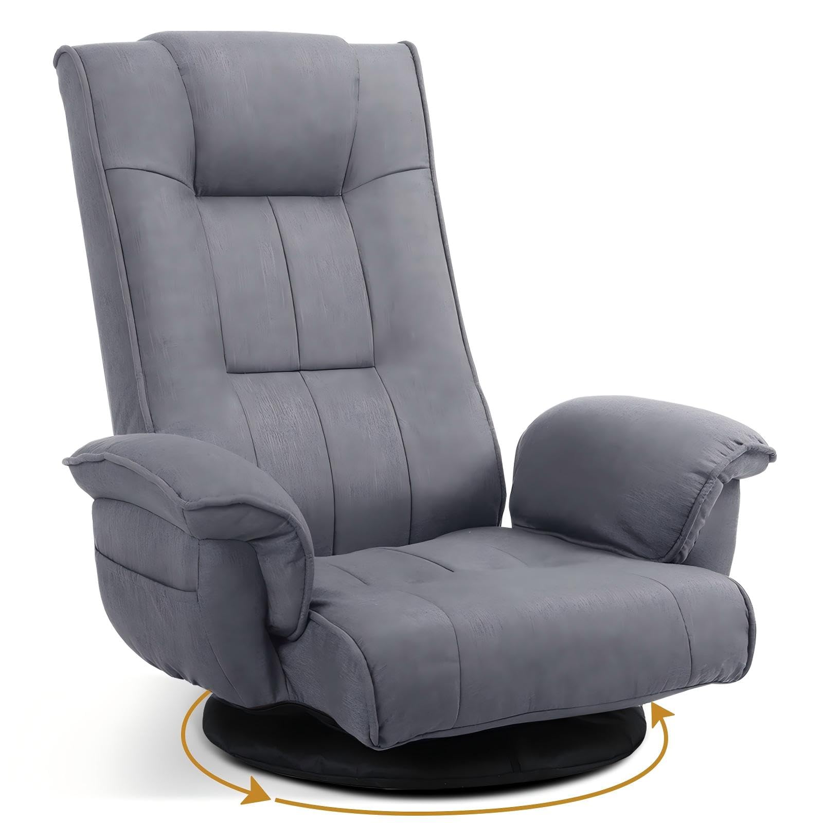 Ergonomic Swivel Floor Gaming Chair with Armrests &amp; Side Pockets, 6-Position Reclining Sofa Bed, Foldable Padded Lounger with Thick Cushion &amp; Lumbar Support for Esports, Reading, TV Watching, Grey