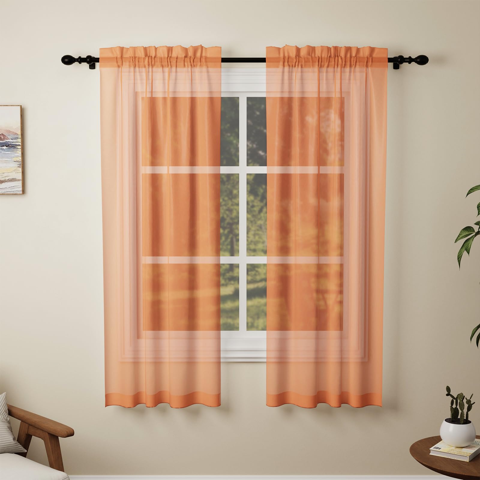 Pacok Orange Voile Curtains, 72 Drop 2 Panel Net Curtain for Windows, Rod Pocket Sheer Curtain Panel Voile Curtains for Living Room Kitcken Bedroom W56xL72 Inch(Orange,142 x 183cm)