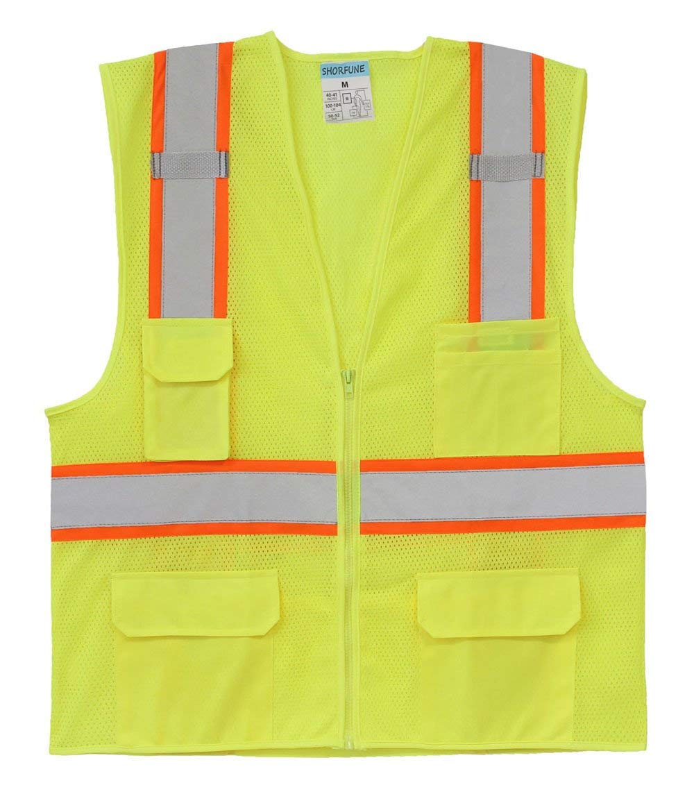 SHORFUNE High Visibility Mesh Safety Vest with 10 Pockets, Mic Tabs, Zipper and Reflective Strips, Reflective Construction Vest for Men and Women, ANSI/ISEA Standards, Yellow, XL