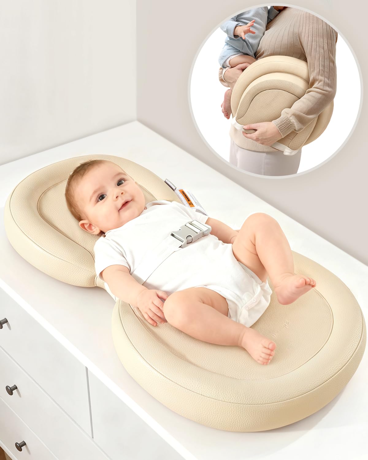 Baby Changing Pad with Waterproof & Wipe-Clean, Non-Slip Foldable PU Diaper Changing Pad, Adjustable Safety Belt, Changing Pad for Dresser, Changing