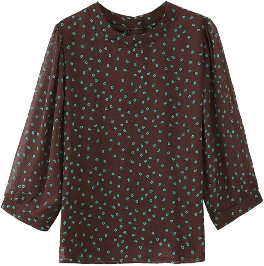Women's Summer 3/4 Sleeved Chiffon Blouse Shirt Elegant Floral Printed Simple O-Neck Loose Top
