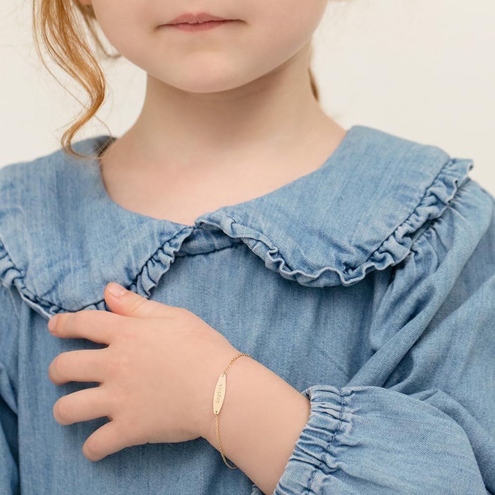 14k Yellow Gold Thin Chain Link Engravable Tag Bracelet For Babies and Toddler Girls 5"-6" - Simple and Lightweight Baby Girl Customized Bracelets - Classic Jewelry Gift For Little Girls