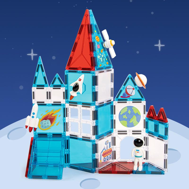 Image of Cable World Magnetic Tiles Building Blocks for Kids, Space Theme Magnetic Set with Rocket, Astronaut & Planet Theme, STEM Learning Educational Toy for Boys & Girls Age 3+ Years - 39 Pcs
