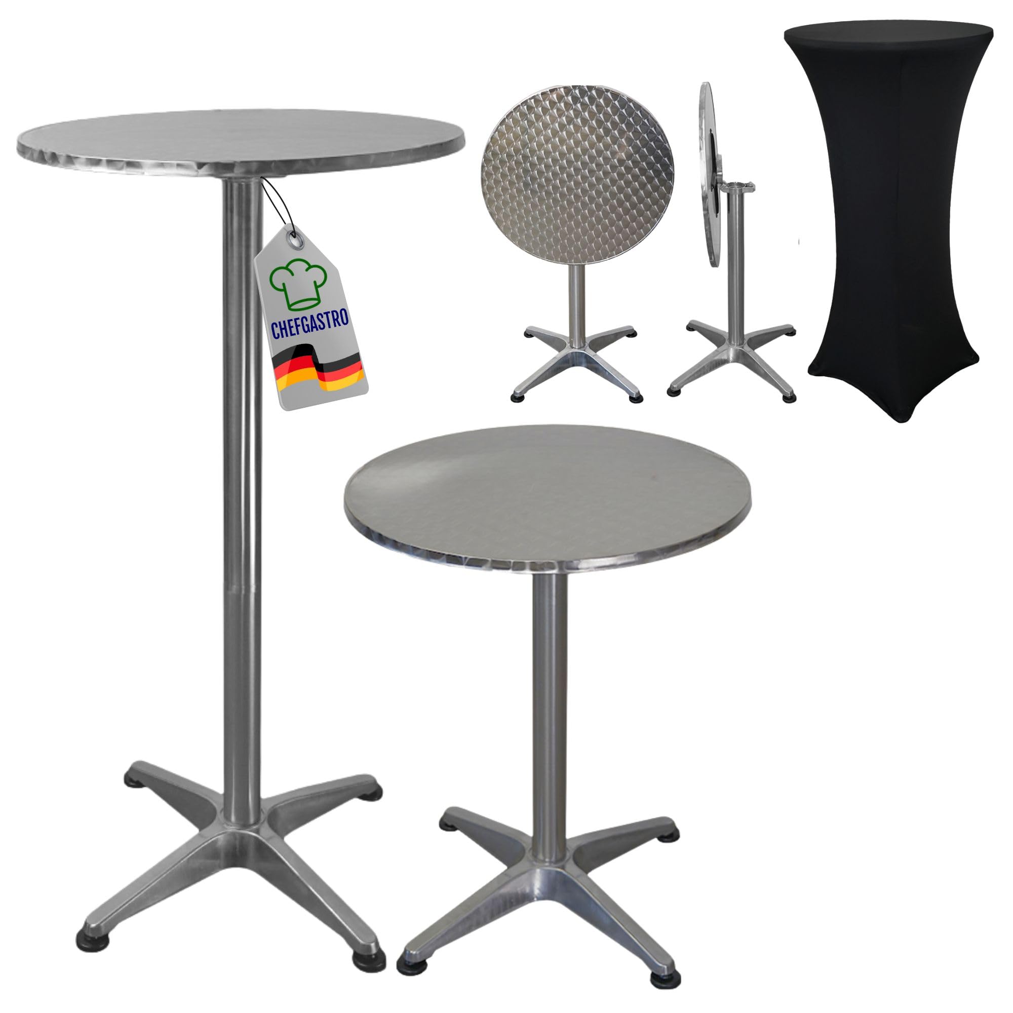 CHEFGASTRO Stehtisch höhenverstellbar mit Husse klappbar Rund HxØ 75-115x60cm Bistrotisch In- & Outdoor Aluminium MDF-Platte mit Edelstahlbeschichtung Silber Gastro wetterfest Klapptisch Gartentisch