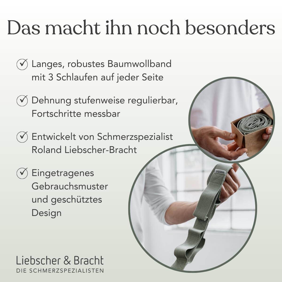 Liebscher & Bracht Original Schulterretter – Dehnungsgurt mit Schlaufen für einfaches Üben bei Schulterschmerzen – Dehnungsband aus 100% Baumwolle inkl. Übungen in der App – Made in Germany