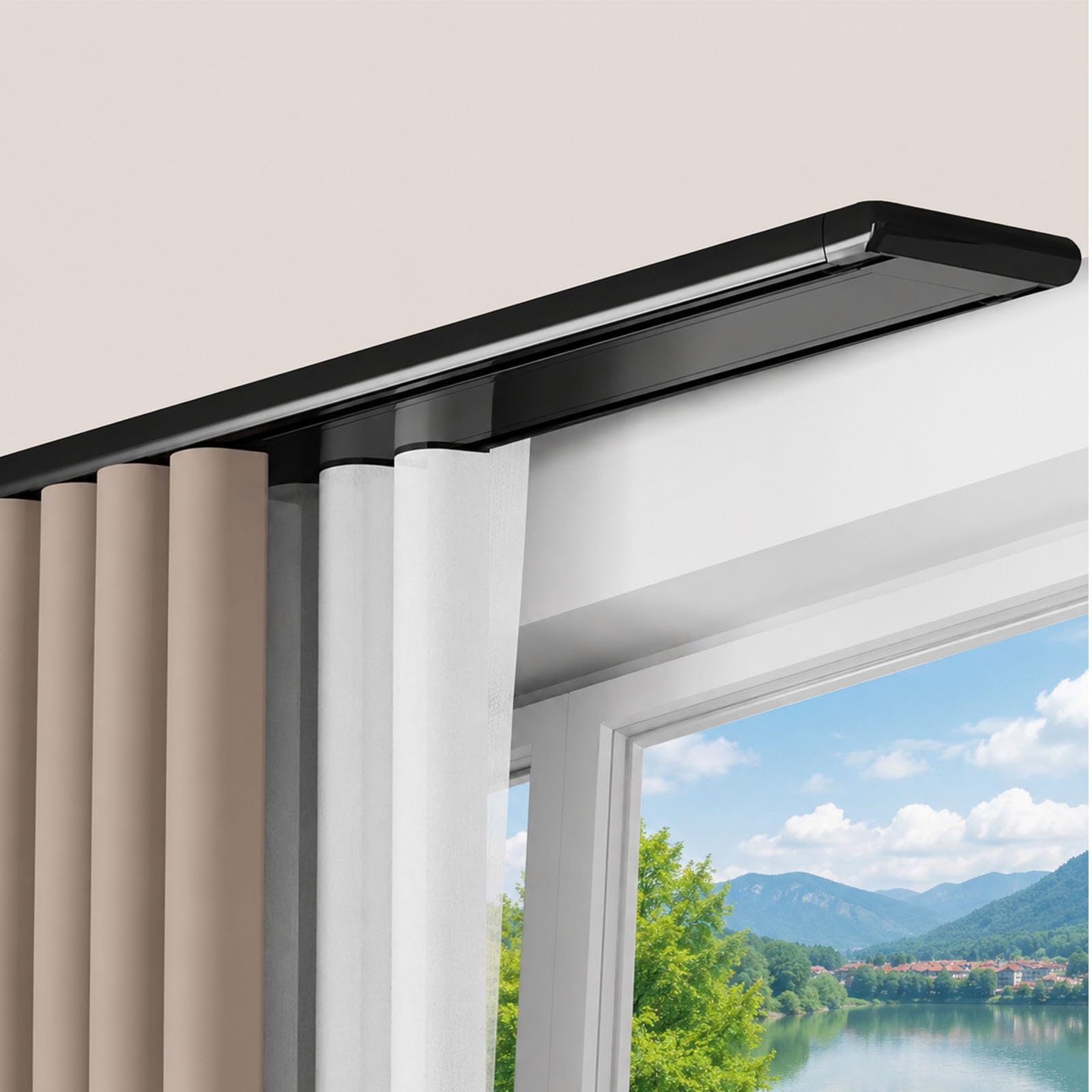 Ceiling Curtain Track Set Double Tracks Curtain Rails Heavy Duty Double Curtain Track Ceiling Mount Slim Aluminum Drapery Rail System with Seamless Connector Splice(Black,1.2m(3.9ft))