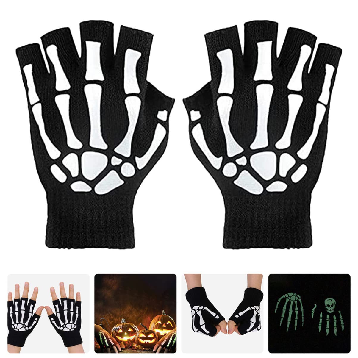 CALLARON Guantes calaveras luminosos guantes negros sin dedos guantes de decoración de halloween fato halloween guantillas guante de ciclismo con estilo guantes luminosos de fiesta
