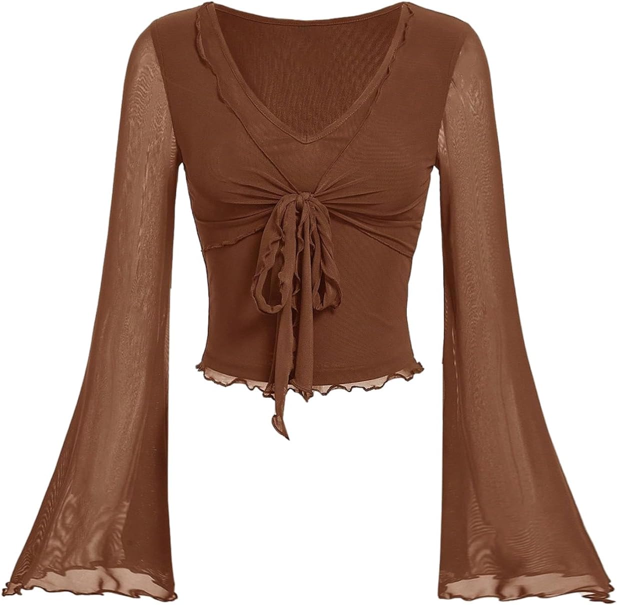 Verdusa Women's Y2k Bell Sleeve V Neck Mesh Going Out Crop Top 2000s Whimsical Clothes