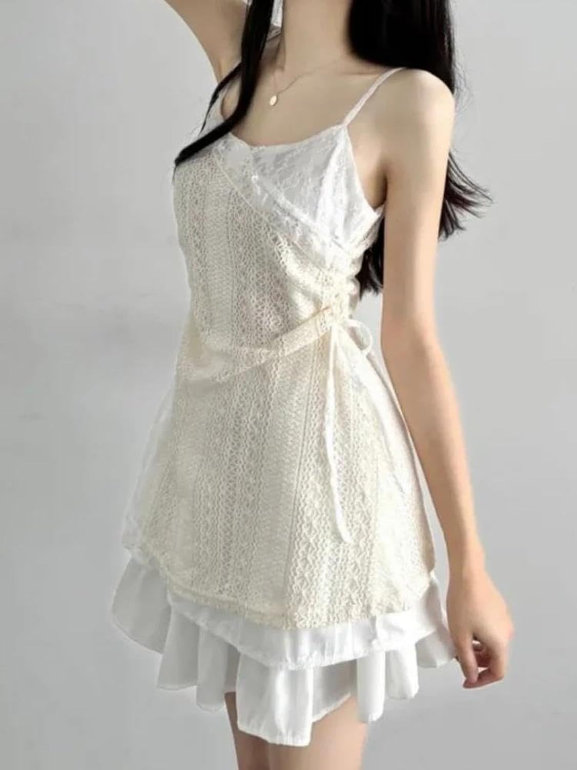 Vestido Mujer Cordón Lazo Irregular Falda A Línea Túnica Transparente Casual, Cremoso-Blanco, L