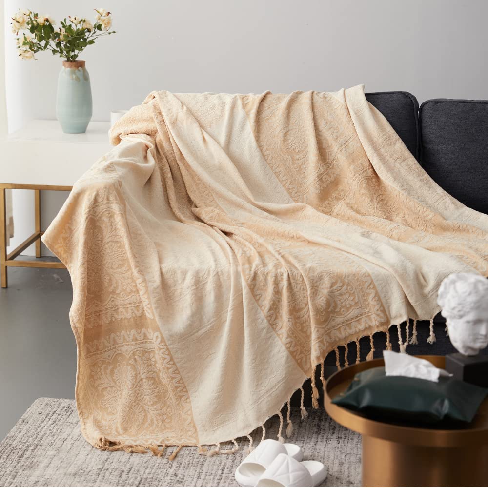ele ELEOPTION Couverture de Jet en Chenille, Glands Jacquard Couverture de Canapé Housse de Chaise Décorative pour Canapé-Lit Soft Chair, Folk Tribal Pattern (220 x 250 CM, Beige)