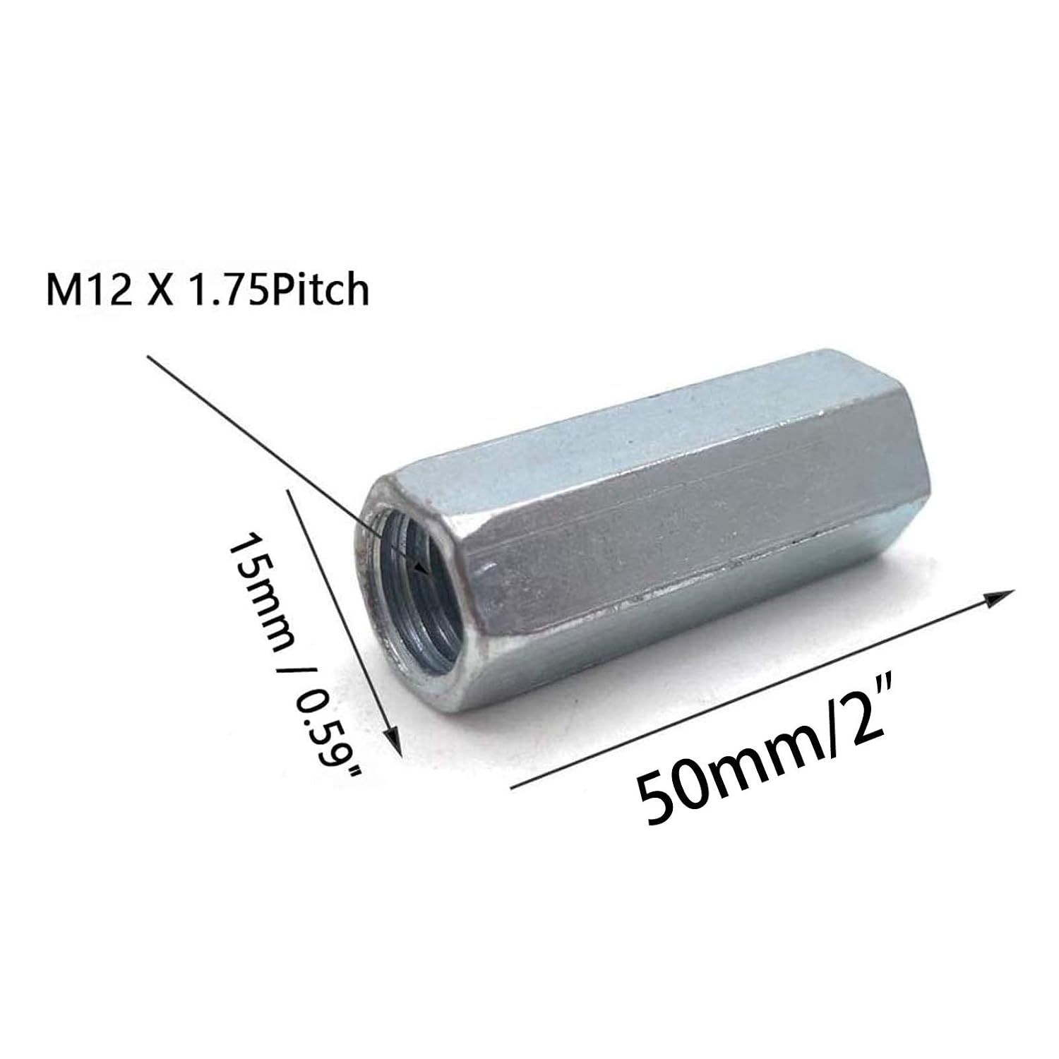 5 Pcs M12 x 1.75 x 50mm Long Rod Coupling Hex Nut Connector Zinc Plated Joint Nut Industrial Construction Fasteners