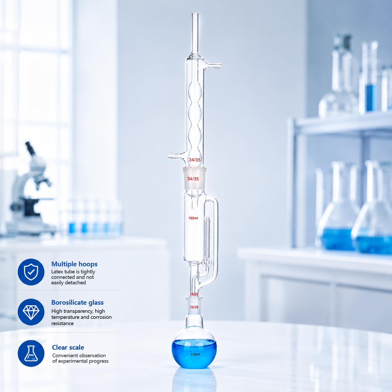 Borosilikat Glas Soxhlet Typ Extraktionsgerät Laborglas Kit Soxhlet Extraktor mit Kondensator und Flachbodenkolbe für Labor-Skala Reflux (60ml)