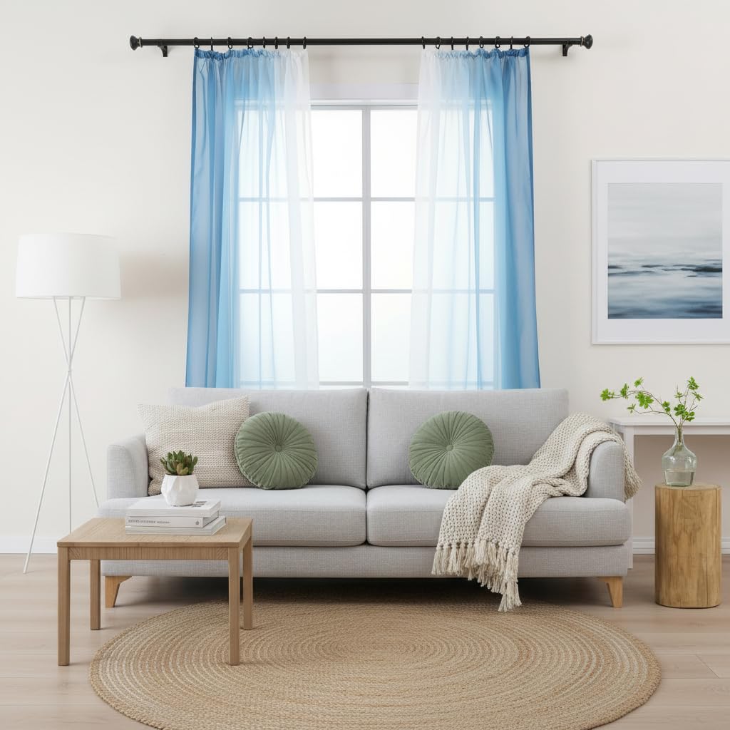 L.Z.E Tende con degradé di colore e nastro arricciato, tenda blu bianco per soggiorno bambini ragazze camera da letto finestra trasparente set da 2 pezzi tende in voile pannelli 140 x 245 cm lunghe