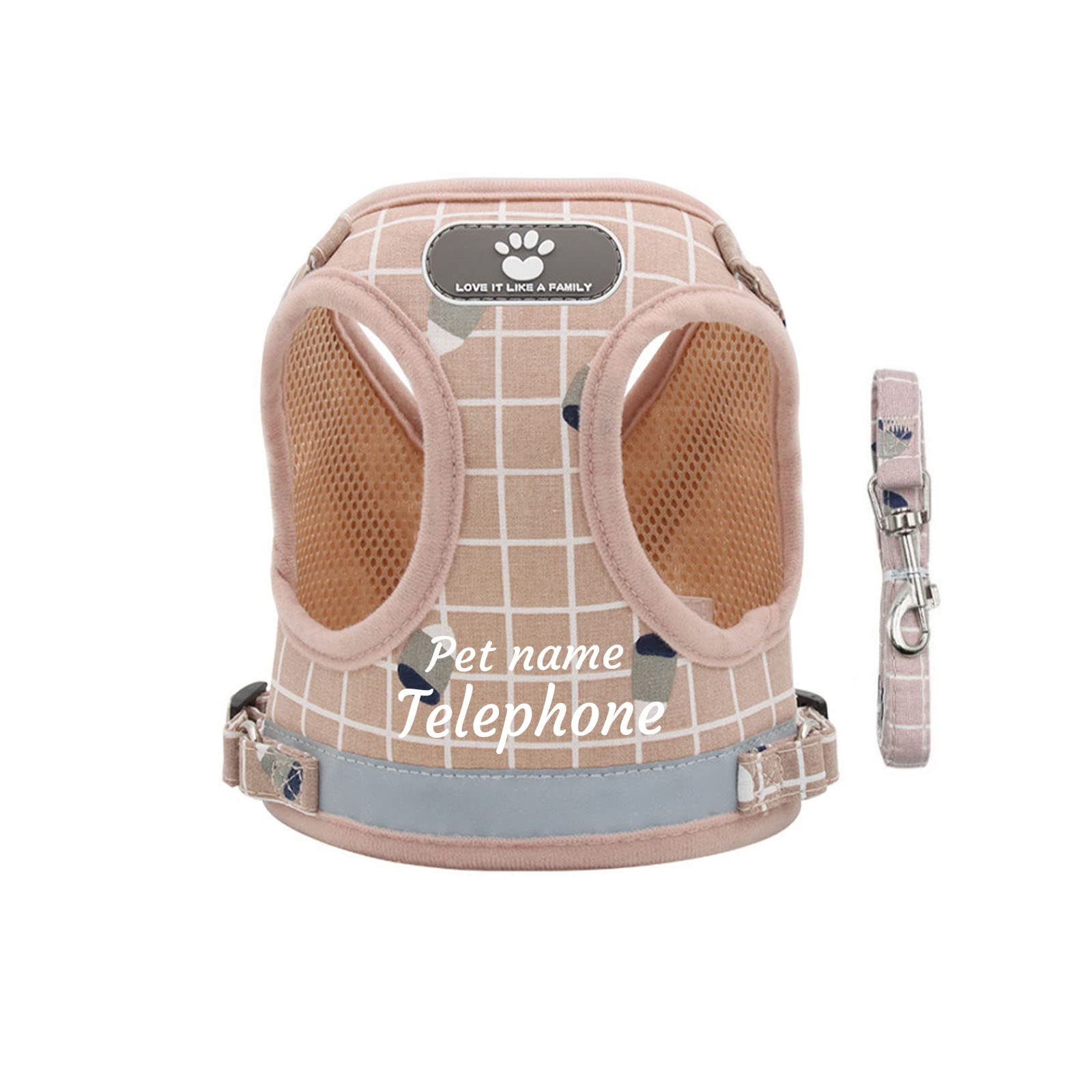 Deggodech Personalized Dog Harness with Pet Name & Phone, Reflective Personalised Dog Harness with Name Soft Custom Cat Vest Harness and Leash Set for Small Medium Large Dog (Pink Plaid, L)